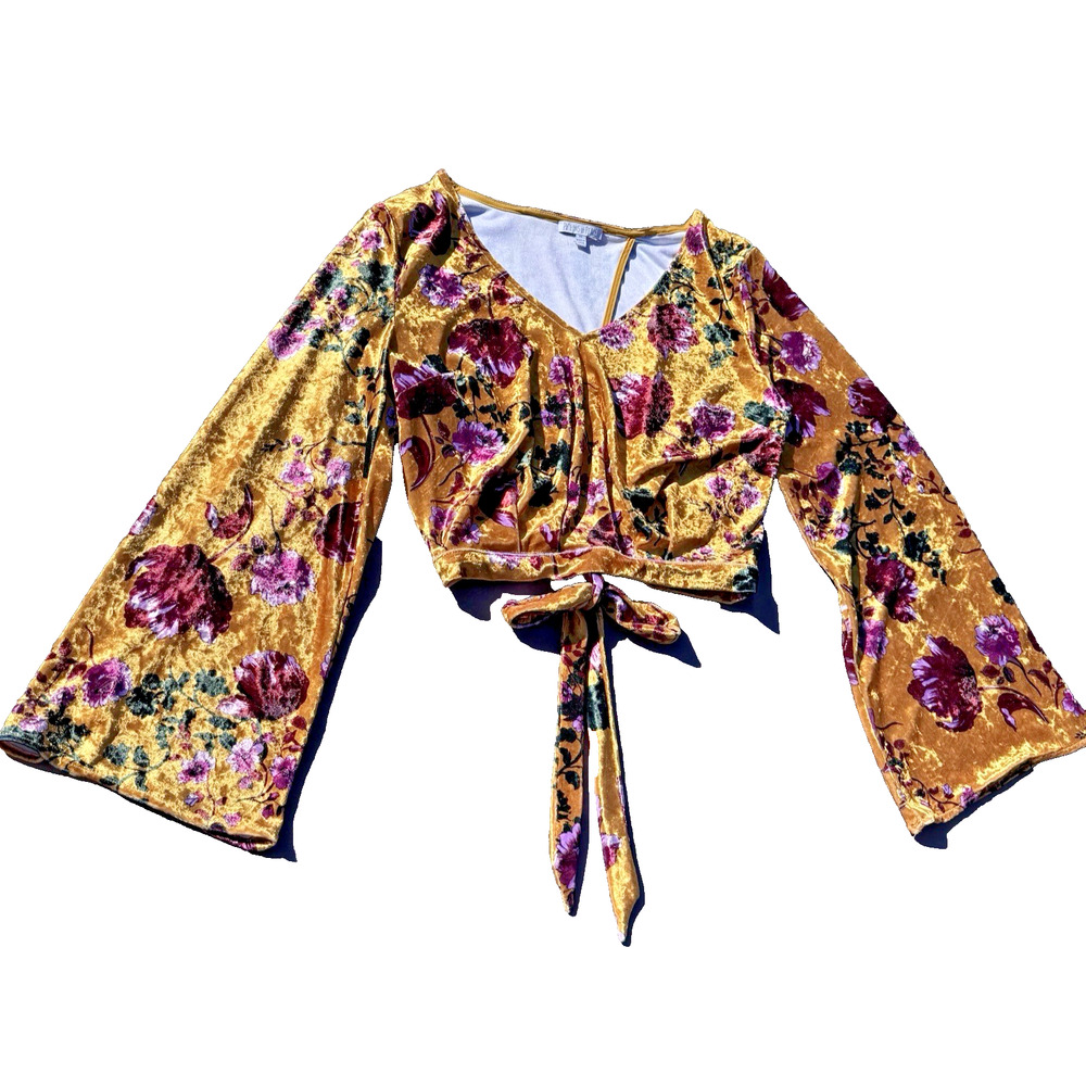 Patrons of Peace Velvet Floral Tie Back Crop Top Womens Medium Boho Festival